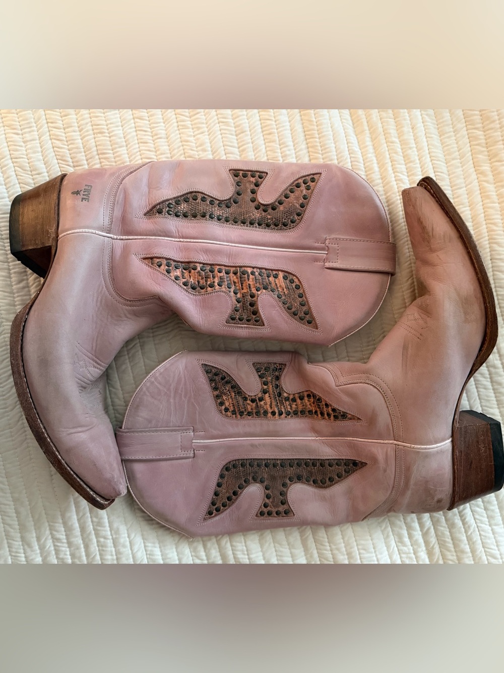VINTAGE Frye “Blush” Leather Western Heeled Boots with Studded Insets - Picture 2 of 4